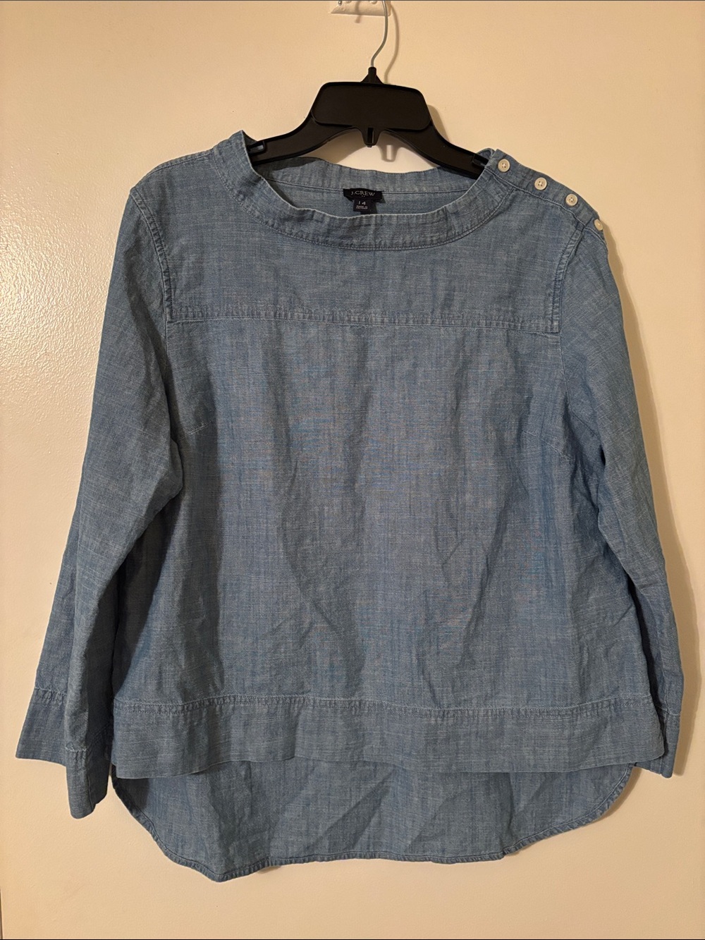 J. Crew Light Blue Chambray Button-Shoulder Long Sleeve Top